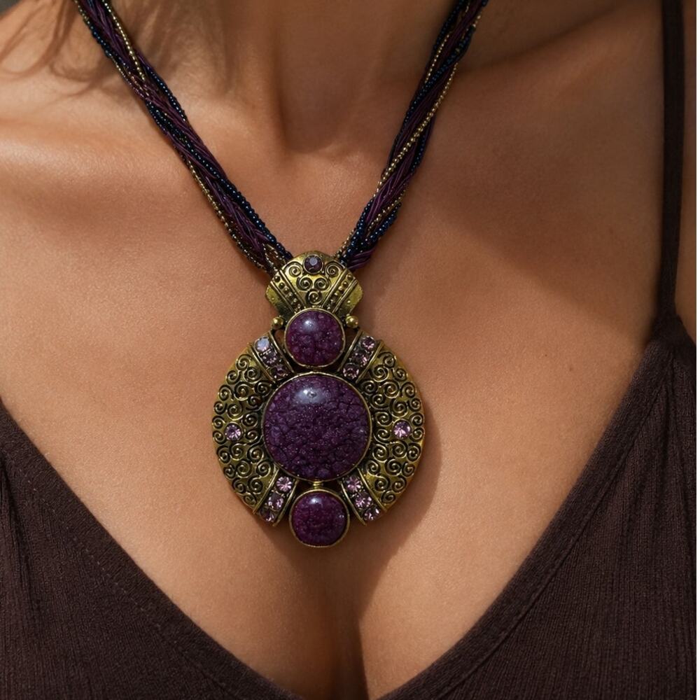 Vintage Boho Purple Statement Pendant Necklace Multi-Strand Beaded
